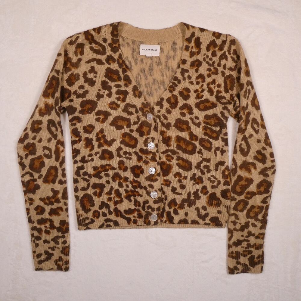 Lucky Brand Leopard Print Knit Cardigan Size XS Retro Rockabilly 90s Baddie